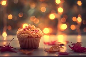 ai generiert Cupcake mit Rosa Sahne auf ein Weiß Tabelle mit Kürbisse und Herbst Blätter foto