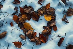 ai generiert gefallen Herbst Blätter im gestalten von Herz auf das Schnee im das Park. oben Sicht. foto