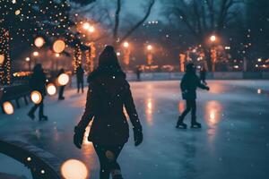 ai generiert Frau Skaten auf Eis Eisbahn beim Winter Nacht foto