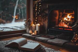 ai generiert gemütlich Winter Abend durch das Fenster mit ein Buch und ein Kamin foto