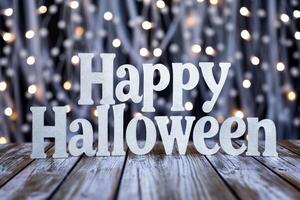 ai generiert glücklich Halloween Text auf hölzern Hintergrund mit Bokeh Beleuchtung foto