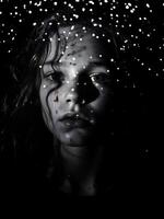 ai generiert Porträt von ein jung Frau im ein dunkel Zimmer mit Weiß Beleuchtung foto