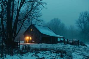 ai generiert alt hölzern Haus im ein nebelig Winter Nacht. Winter Landschaft. foto