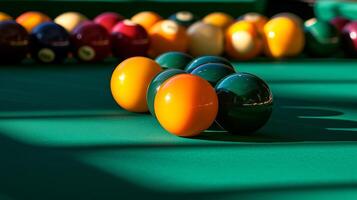 ai generiert bunt Billard- Bälle vereinbart worden auf ein Tabelle im ein schließen oben oben Seite Aussicht Perspektive foto