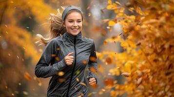 ai generiert gesund Frau mit schön Lächeln Laufen Weg Marathon- im draussen Natur zum Triathlon foto