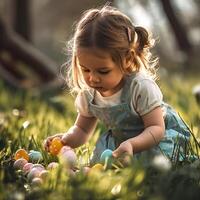 ai generiert süß wenig Mädchen suchen zum Ostern Eier im das Garten auf ein sonnig Frühling Tag foto