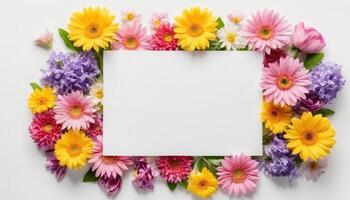 ai generiert ein Weiß Platz umgeben durch bunt Blumen foto