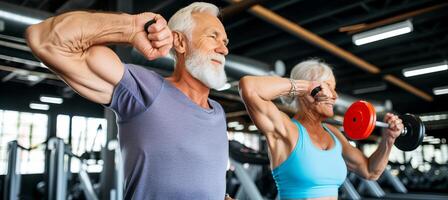 ai generiert energisch Senior Paar Joggen zusammen im Gesundheit Verein zum aktiv Lebensstil und Fitness foto