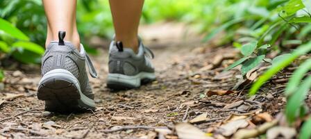 ai generiert aktiv Frauen s Beine im Sport Schuhe und Rucksack Laufen entlang ein szenisch Berg Pfad foto