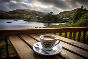 ai generiert Kaffee Tasse auf hölzern Tabelle im Vorderseite von klein Hafen beim wolkig Sommer- Morgen im Schottland, neural Netzwerk generiert fotorealistisch Bild foto
