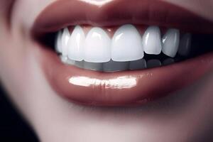 ai generiert schön Weiß Zähne von Frau Mund mit gemalt Lippen, neural Netzwerk generiert Bild foto