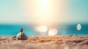 ai generiert majestätisch Meer Schildkröte ruhen auf ein sandig Strand mit ein atemberaubend Blau Ozean Hintergrund foto