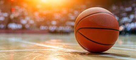 ai generiert Basketball Spiel im Stadion mit Scheinwerfer, Gericht, und Ball auf Boden, Raum zum Text Platzierung foto