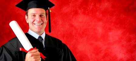 ai generiert stolz Absolvent mit Diplom auf rot Hintergrund Ideal zum Werbung mit Text Raum foto
