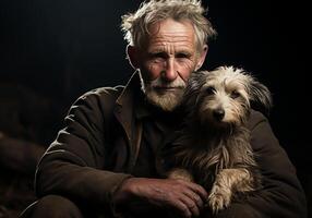 ai generiert Porträt von ein Moment von Zuneigung zwischen ein Alten Farmer Mann und seine Hund. Pflege und Aufmerksamkeit. inländisch und Bauernhof Tiere. foto