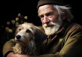 ai generiert Porträt von ein Moment von Zuneigung zwischen ein Alten Farmer Mann und seine Hund. Pflege und Aufmerksamkeit. inländisch und Bauernhof Tiere. foto