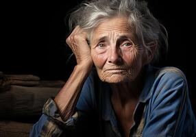 ai generiert Porträt von Alten Frau isoliert auf dunkel Hintergrund, Denken und suchen. foto