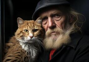 ai generiert Porträt von ein Moment von Zuneigung zwischen ein Alten Mann und seine Katze. Pflege und Aufmerksamkeit. inländisch und Bauernhof Tiere. foto