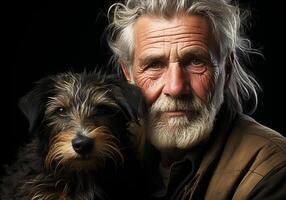 ai generiert Porträt von ein Moment von Zuneigung zwischen ein Alten Farmer Mann und seine Hund. Pflege und Aufmerksamkeit. inländisch und Bauernhof Tiere. foto