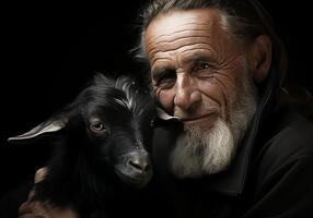 ai generiert Porträt von ein Moment von Zuneigung zwischen ein Alten Farmer Mann und seine Ziege. Pflege und Aufmerksamkeit. inländisch und Bauernhof Tiere. foto