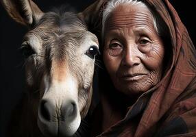 ai generiert Porträt von ein Moment von Zuneigung zwischen ein Alten Farmer Frau und seine Esel. Pflege und Aufmerksamkeit. inländisch und Bauernhof Tiere. foto