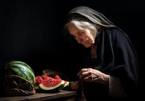 ai generiert Porträt von ein Alten Farmer Frau im ihr rustikal Küche vorbereiten Wassermelone zu essen. Essen und gesund Leben. foto