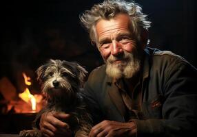 ai generiert Porträt von ein Moment von Zuneigung zwischen ein Alten Farmer Mann und seine Hund. Pflege und Aufmerksamkeit. inländisch und Bauernhof Tiere. foto