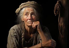 ai generiert Porträt von Alten Farmer Frau Sitzung im ihr rustikal Küche, Denken und suchen. foto