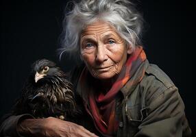 ai generiert Porträt von ein Moment von Zuneigung zwischen ein Alten Frau und ein Adler. Pflege und Aufmerksamkeit. Tierwelt Tiere. foto