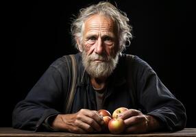 ai generiert Porträt von Alten Farmer Mann im seine rustikal Küche mit ein Apfel. Essen und gesund Leben. foto