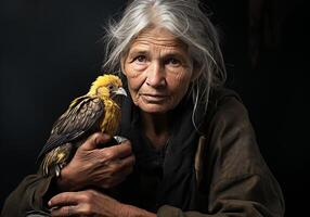 ai generiert Porträt von ein Moment von Zuneigung zwischen ein Alten Frau und ein Adler. Pflege und Aufmerksamkeit. Tierwelt Tiere. foto