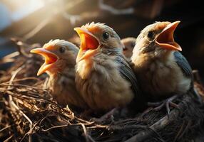 ai generiert wenig Vögel im das Nest warten zu Sein gefüttert. Tiere im wild Leben. foto