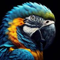 ai generiert realistisch Nahansicht von Papagei isoliert auf schwarz Hintergrund. Tierwelt. foto