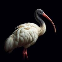 ai generiert realistisch ibis Vogel auf schwarz Hintergrund. wild Leben. foto