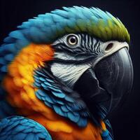 ai generiert realistisch Nahansicht von Papagei isoliert auf schwarz Hintergrund. Tierwelt. foto
