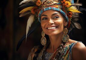 ai generiert schön Frau mit typisch Brasilianer Kostüm auf ihr Kopf. Frau Tag. Tradition und Kultur foto