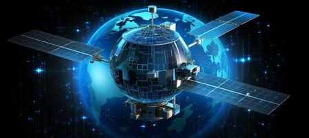 ai generiert Telekommunikation Satellit mit futuristisch Daten Hologramm zum Internet und Geographisches Positionierungs System Dienstleistungen umkreisen Erde foto