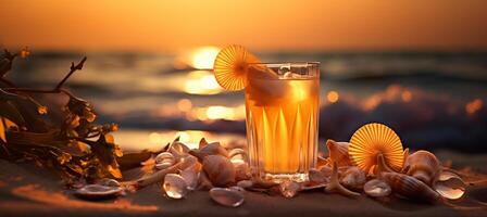 ai generiert Strand Cocktail mit Palme Bäume, Muscheln, Seestern, und Blau Meer Ideal Sommer- Flucht foto