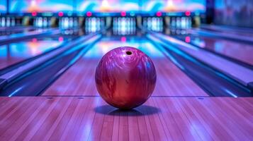 ai generiert Bowling Streik Ball abstürzen in Stifte auf Gasse Linie während Sport Wettbewerb oder Turnier. foto