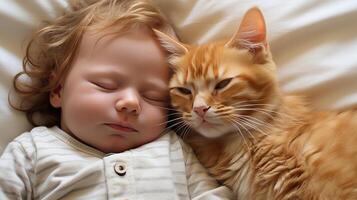 ai generiert Süss und liebenswert Moment von ein Baby und ein Katze friedlich Nickerchen machen zusammen im perfekt Harmonie foto