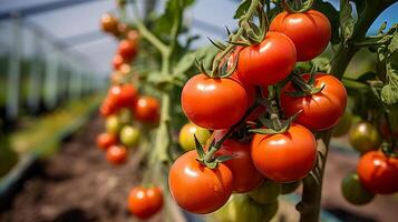 ai generiert reif rot Tomaten im ein üppig Gewächshaus mit reichlich Grün Laub und Sanft natürlich Licht foto