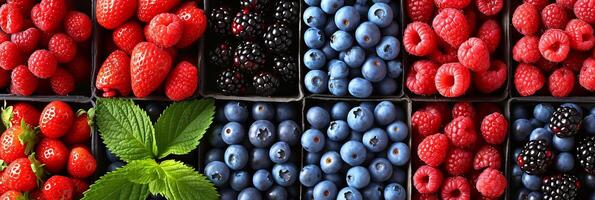 ai generiert Collage von Beeren Produkte geteilt mit Weiß Vertikale Linien 7 Segmente, hell Weiß Licht foto