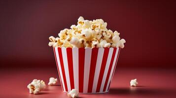 ai generiert gestreift Popcorn Box mit köstlich Popcorn auf rot Gradient Hintergrund und geräumig leeren Raum foto