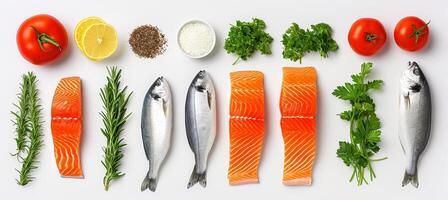 ai generiert künstlerisch Collage von appetitlich Fisch Produkte, elegant geteilt mit Weiß Linien, hell zündete foto