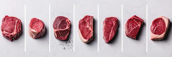 ai generiert Collage von verschiedene Steak Produkte geteilt durch Weiß Vertikale Linien hell Weiß Licht foto
