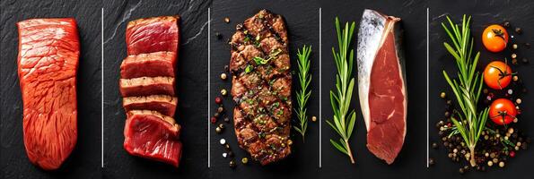 ai generiert Vielfalt von Steak Produkte geteilt mit Weiß Vertikale Linien im hell Licht Weiß Collage foto
