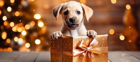 ai generiert festlich Labrador Hündchen im Geschenk Box mit Urlaub Hintergrund hell Weihnachten Haustier Porträt foto