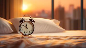 ai generiert Morgen Glückseligkeit glücklich Frau aufwachen oben mit Alarm Uhr und genießen das Sonnenlicht im Bett foto