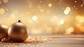 ai generiert golden Kugeln funkelnd auf Weihnachten Baum mit magisch Feier Atmosphäre breit Format Banner foto