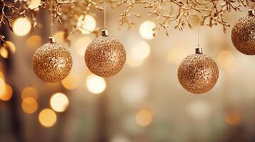 ai generiert golden funkelnd Weihnachten Baum mit Gold Kugeln festlich schließen oben im magisch Atmosphäre foto